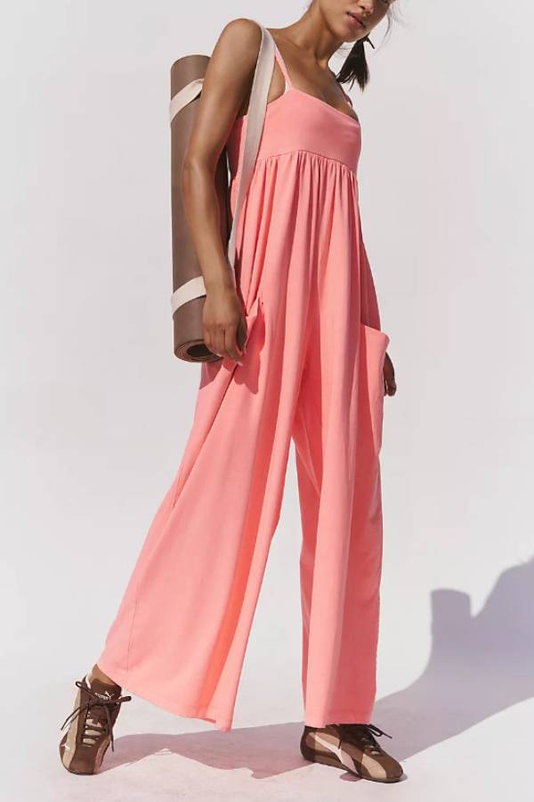 Washed Knit Spaghetti Strap Jumpsuit Square Neck Gathered Pocket Wide Leg Casual Romper