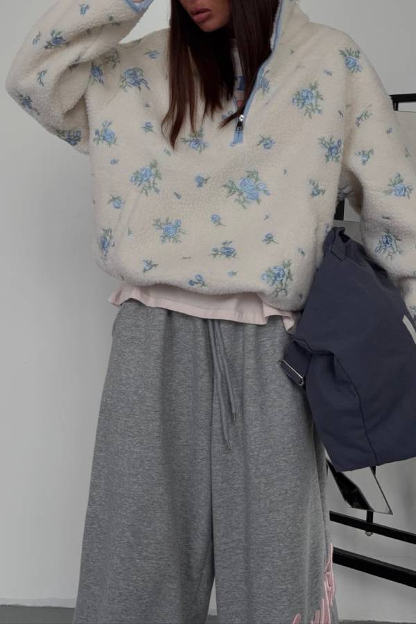 Blue Rose Floral Half Zip Sherpa Fleece Cropped Jacket