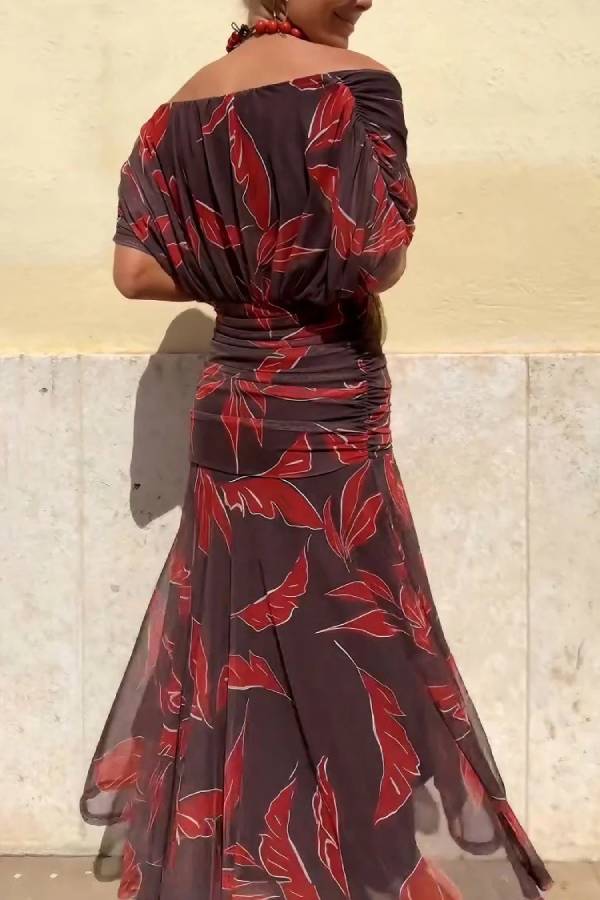Elegant Off-Shoulder Ruched Leaf Print Maxi Dress