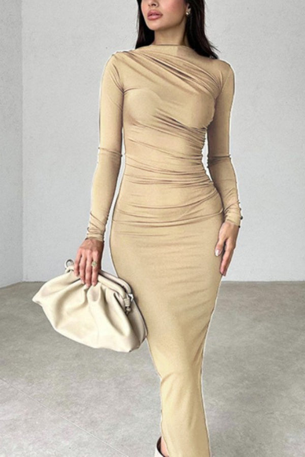 Sexy Pleated Long -sleeved Dress