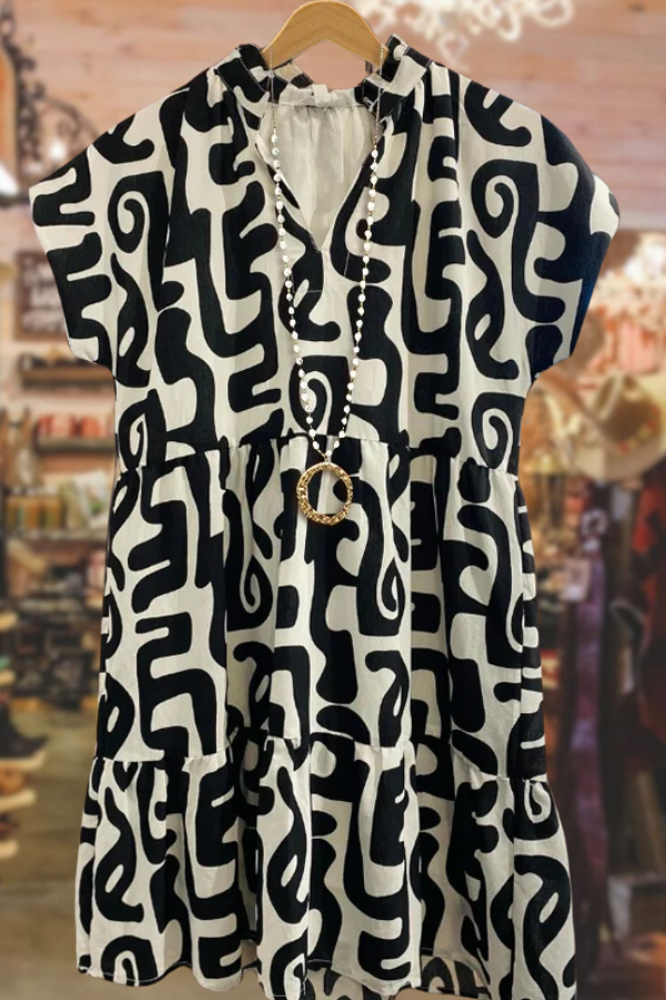 Abstract Print Ruffle V-Neck Mini Dress
