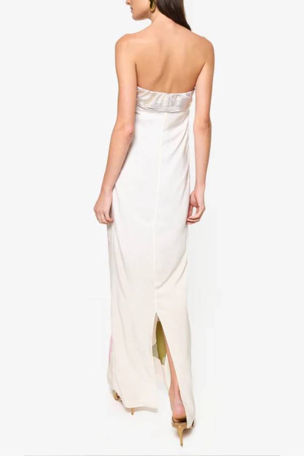 Dalva Calla Lilies Print Pleated Metallic Fabric Patchwork Bandeau Loose Maxi Dress