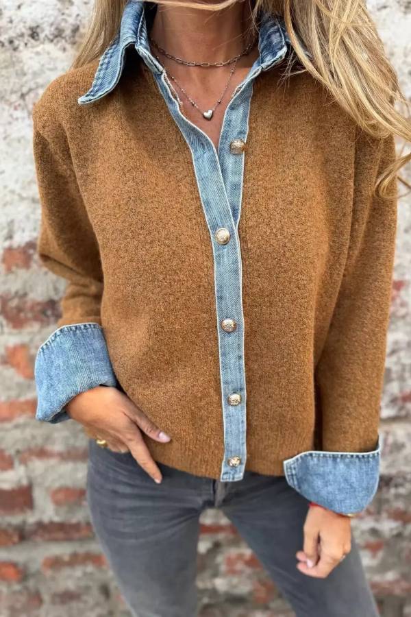 Contrast Denim Trimmed Sweater Cardigan