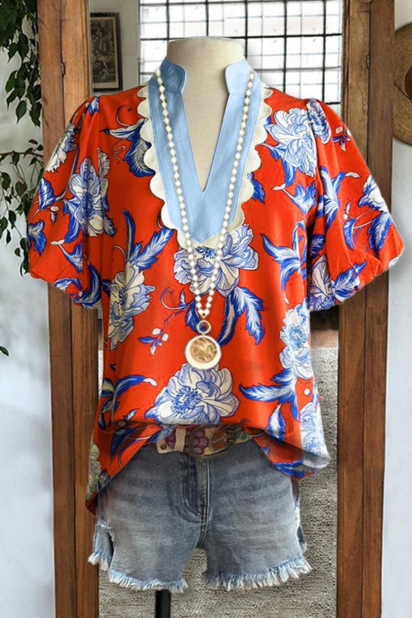 Haut à manches bouffantes et col en V à imprimé floral