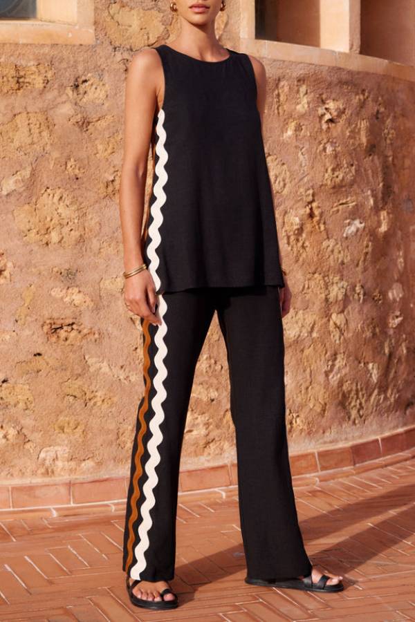 Ensemble débardeur à bordure ondulée et pantalon évasé à taille élastique et poches en mélange de lin Tash