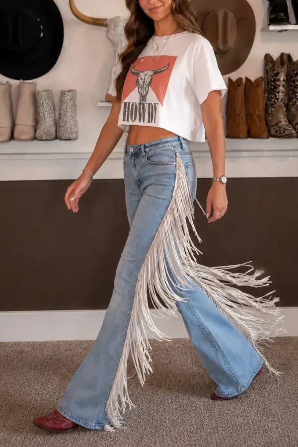 Western Cowgirl Denim High Rise Side Tassels Trim Pocket Flare Jeans