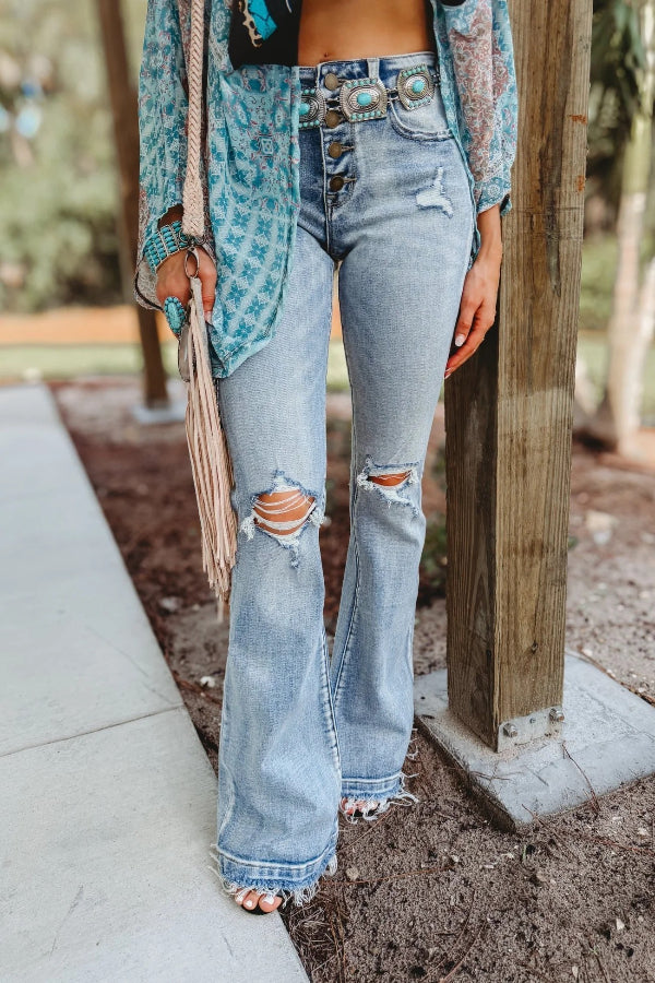High Rise Button Fly Distressed Frayed Flare Jeans