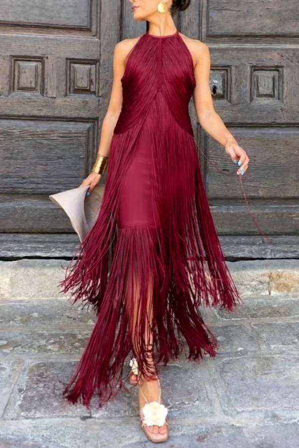 Halter Fringe Long Evening Dress