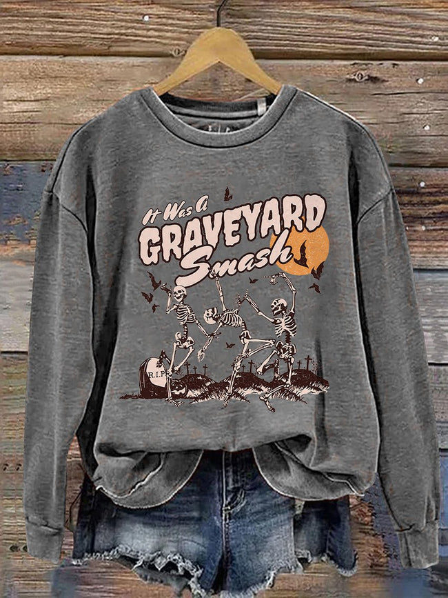 Retro Skeleton Halloween Casual Print Sweatshirt