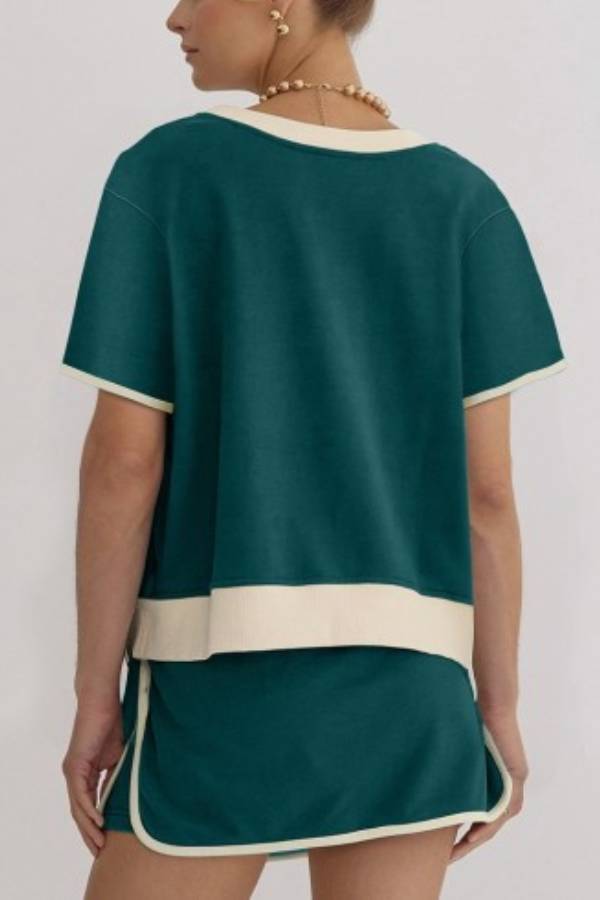 Damen T-Shirt Skort mit Farbblock-Kante und überschnittener Schulter, 2-teiliges Set