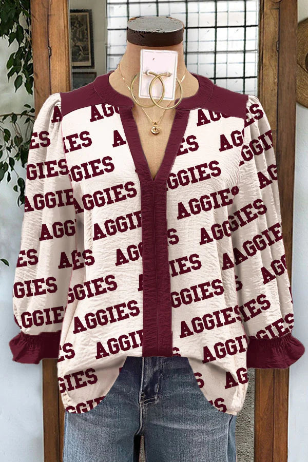 Aggies Print Contrast Panel Casual Top
