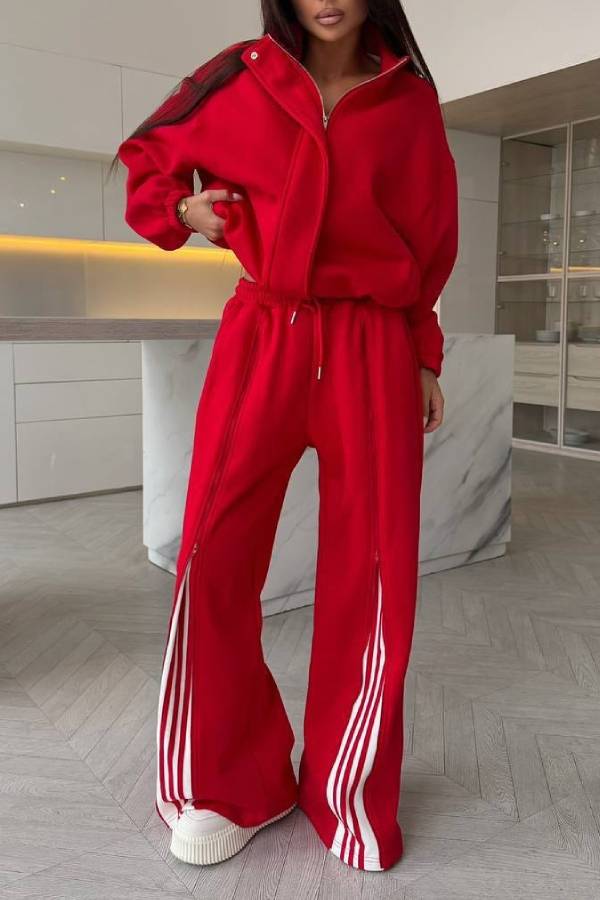 Stand‑Collar Zip‑Up Loose Tracksuit Two‑Piece Set