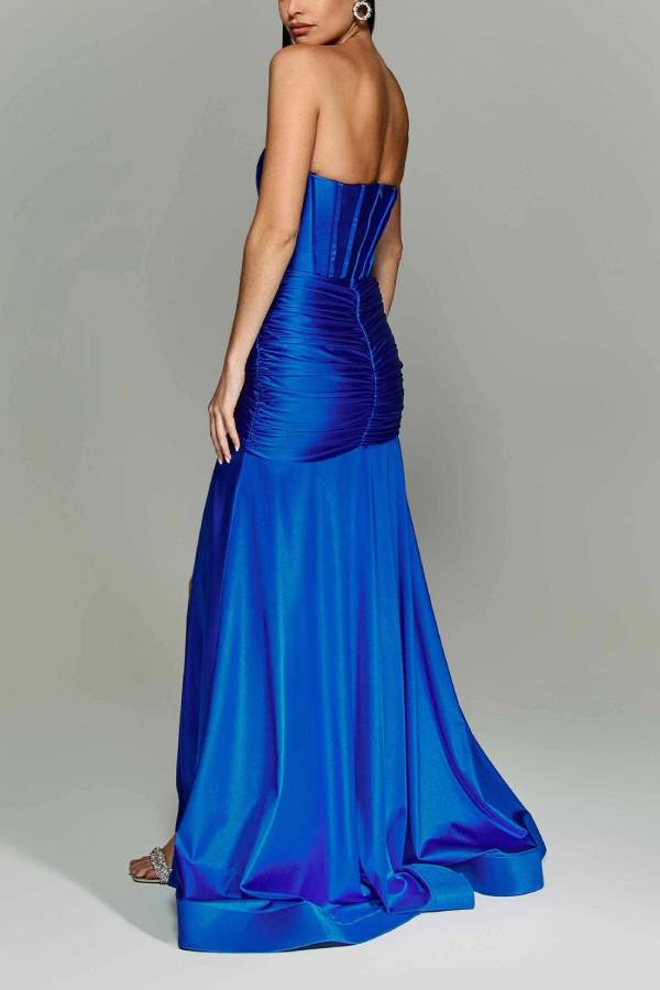 Feel Grand Satin Off Shoulder Corset Ruched Slit Maxi Dress