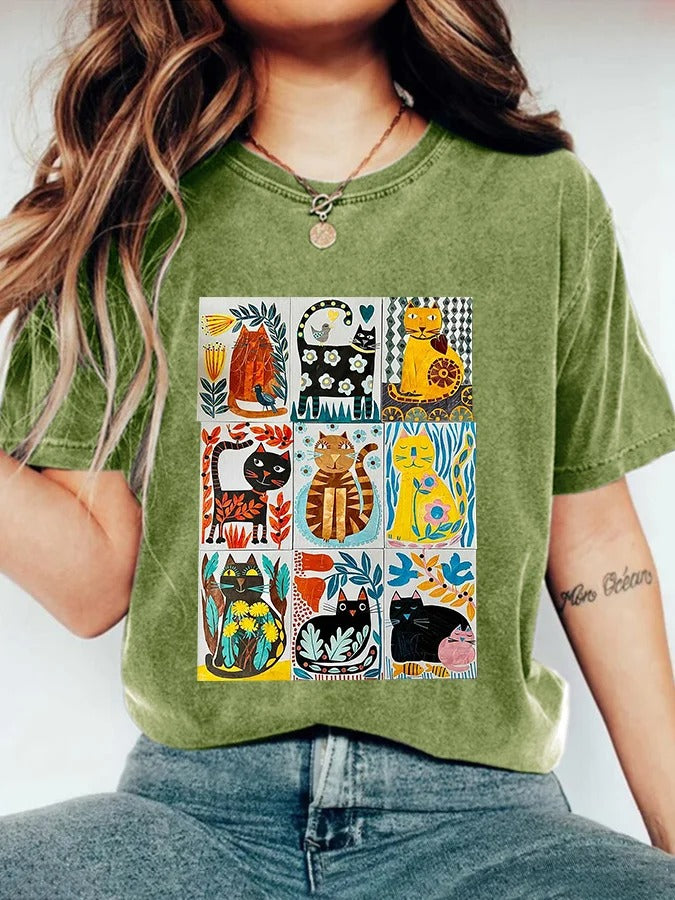 T-shirt décontracté à imprimé chat pour femme