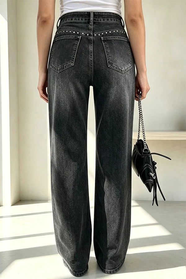 Trendy and Unique Denim Beaded High Rise Pocket Straight Leg Jeans