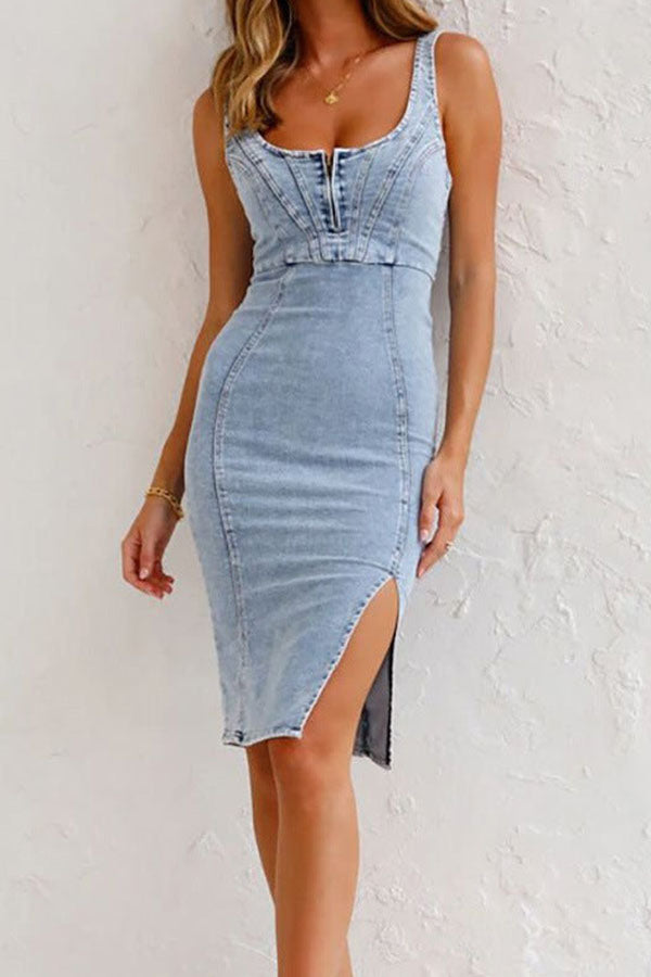 Robe midi en denim extensible et à bretelles réglables, fermeture éclair, incontournable de cette saison