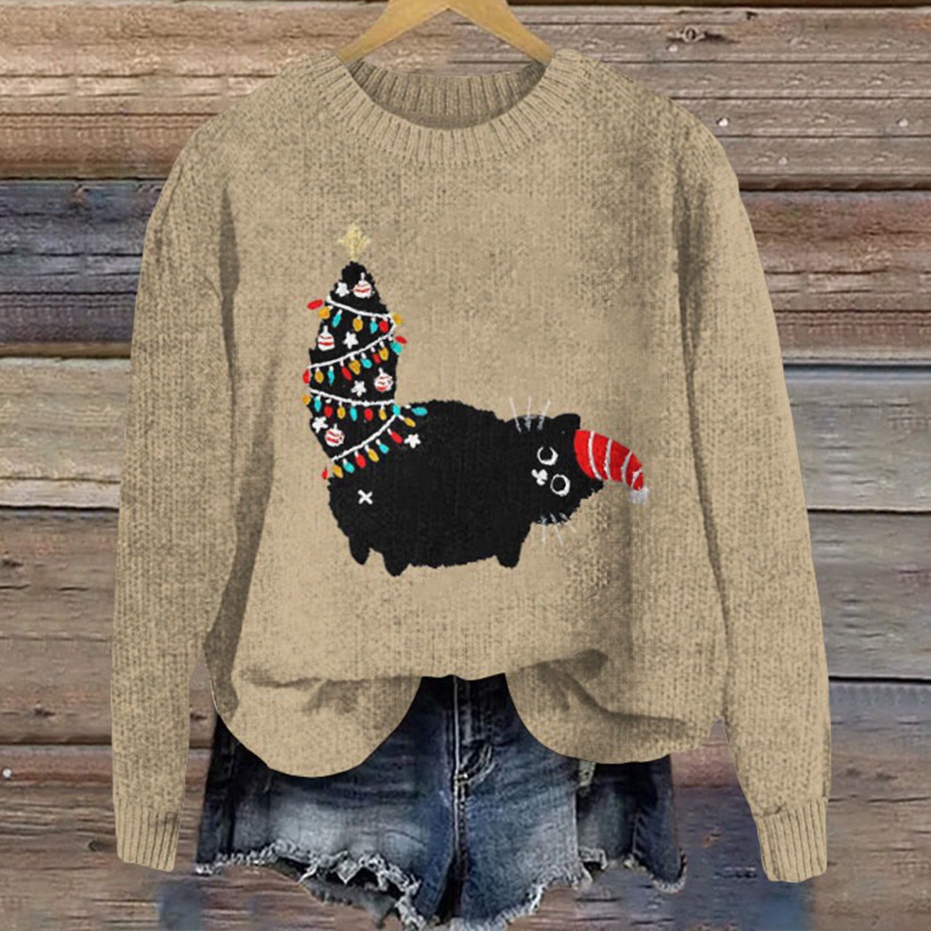 Round neck heat-printed long-sleeved sweater