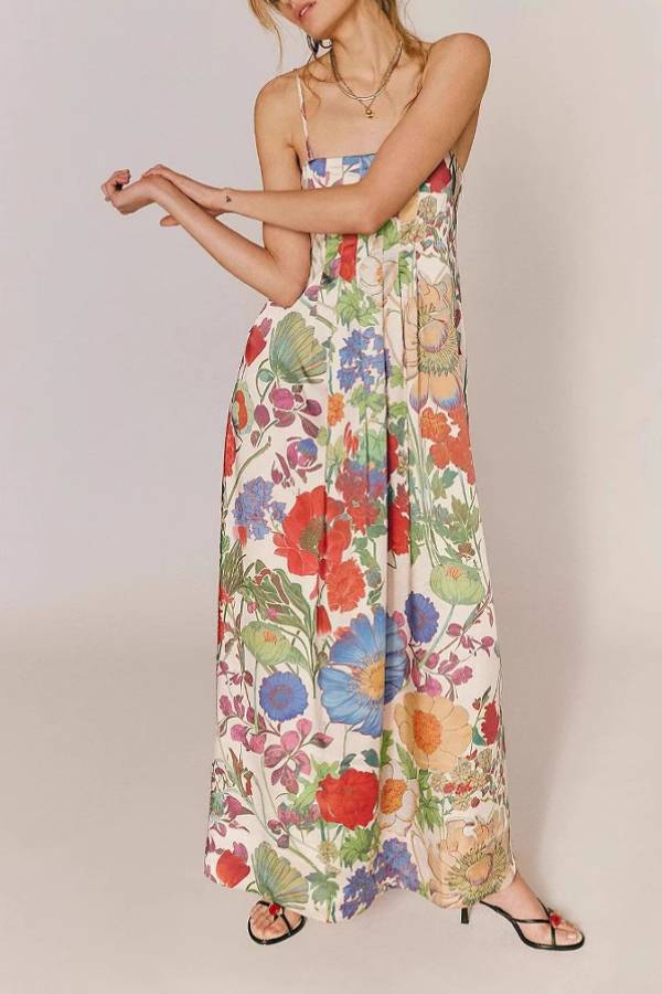Vintage Oil‑Painting Floral Spaghetti Strap Maxi Dress
