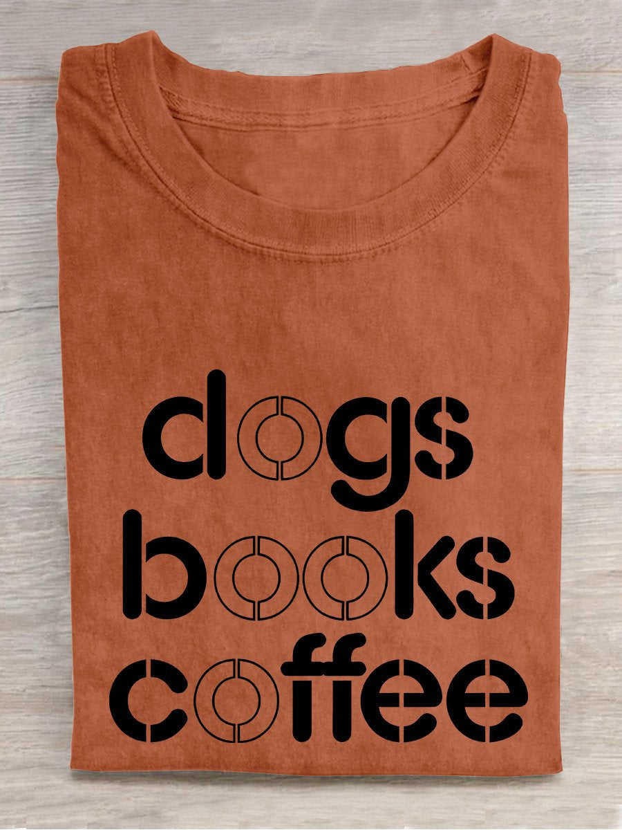 Dog Book and Coffee Casual Print T-shirt