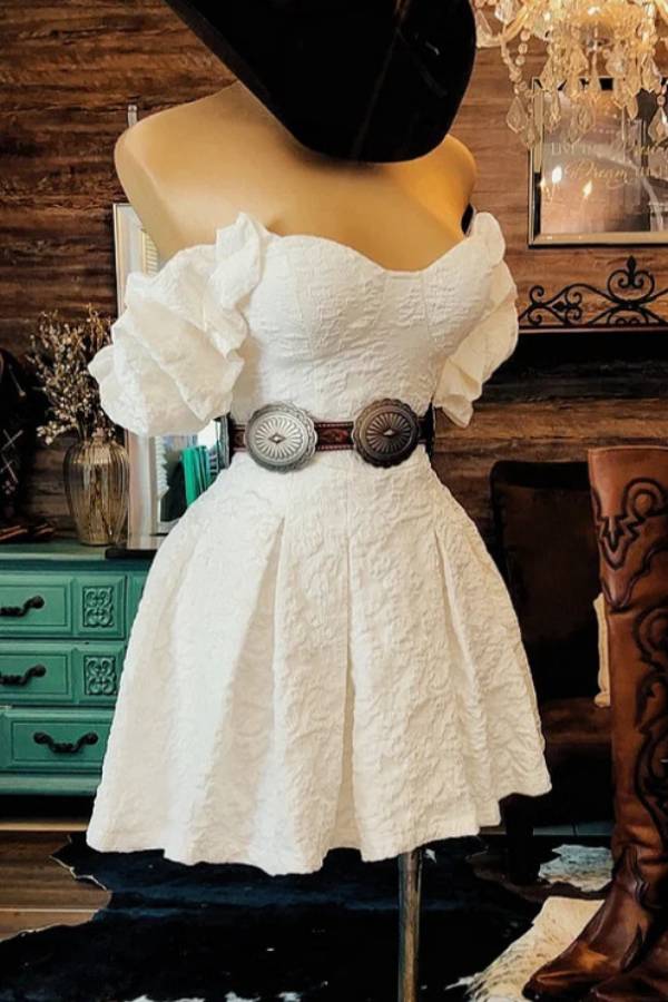 Multi-Color Jacquard Western Style Off-the-Shoulder Puff Sleeve Corset Mini Dress