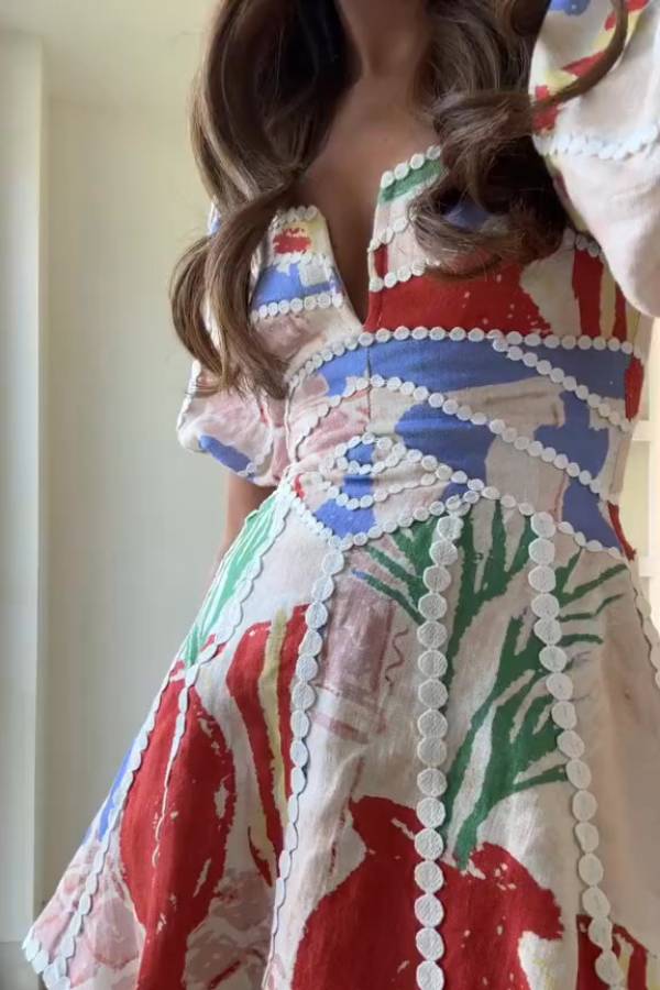 Linen Blend Trims Unique Print Puff Sleeve Mini Dress