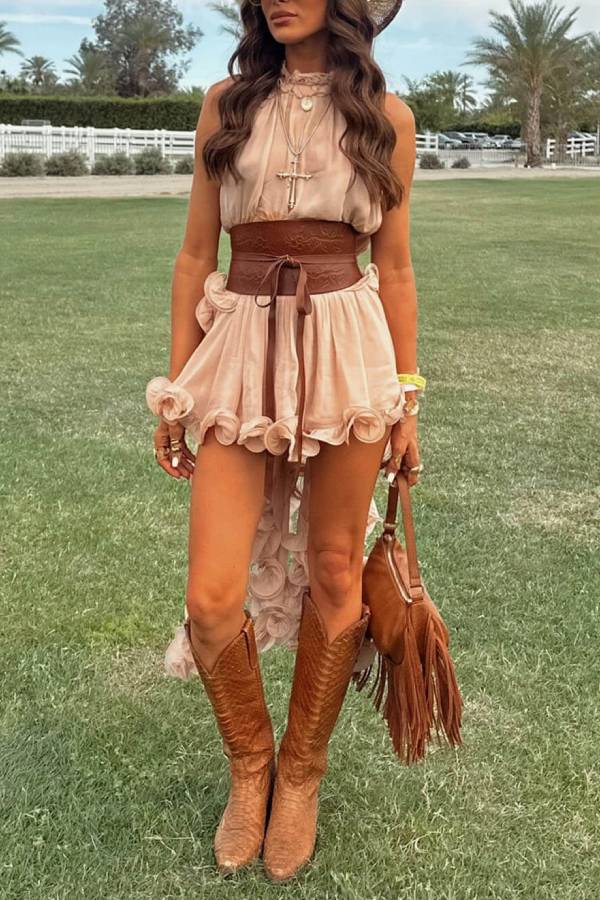 Haut trapèze irrégulier en mousseline de soie à volants ondulés et romantique