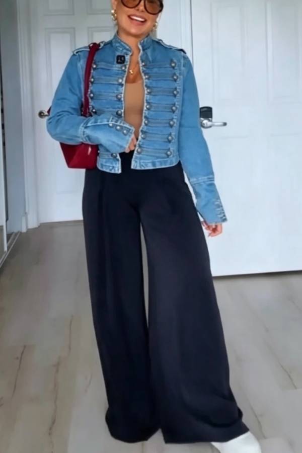 Napoleon Style Denim Stand Collar Brochure Silver Button Long Sleeve Jacket