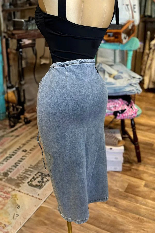 Jupe midi fendue en jean délavé vintage