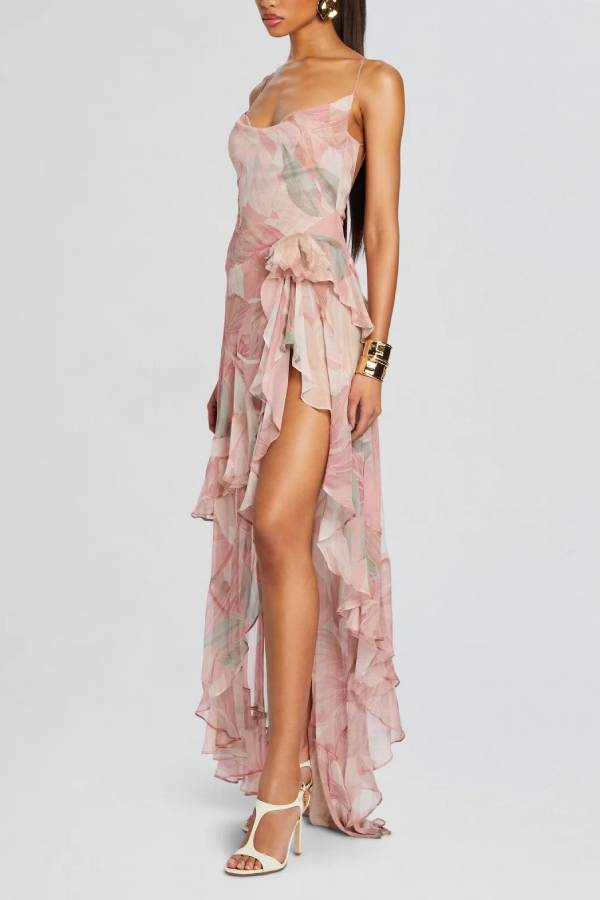 Vacation Floral Print Spaghetti Strap Backless Asymmetrical Ruffle Maxi Dress