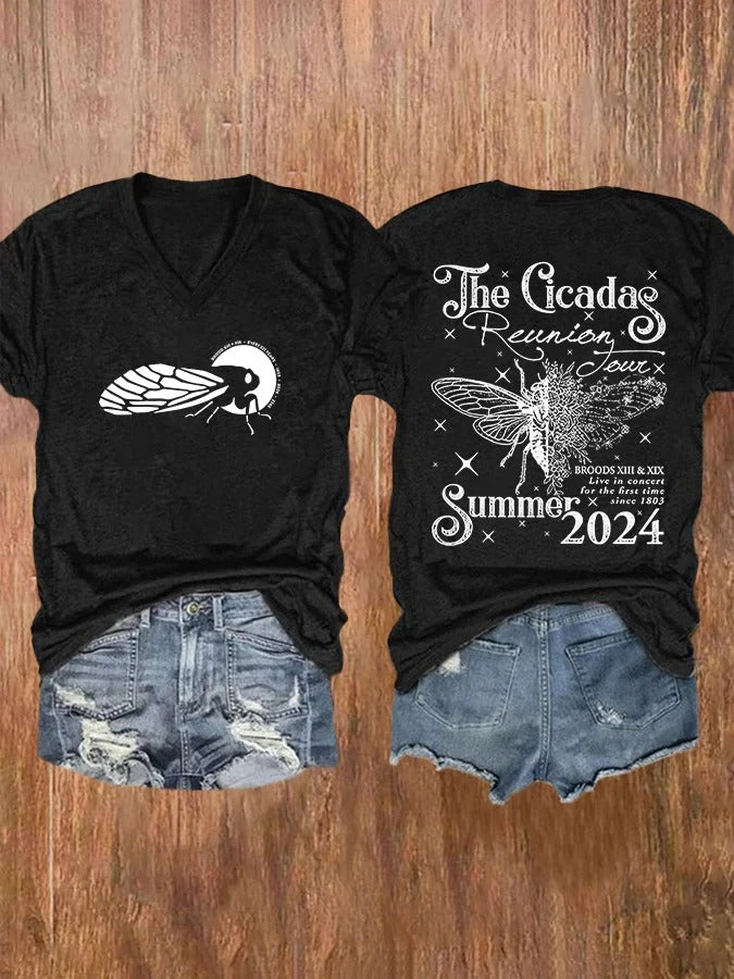 T-shirt col V imprimé The Cicadas Reunion Summer Tour pour femme