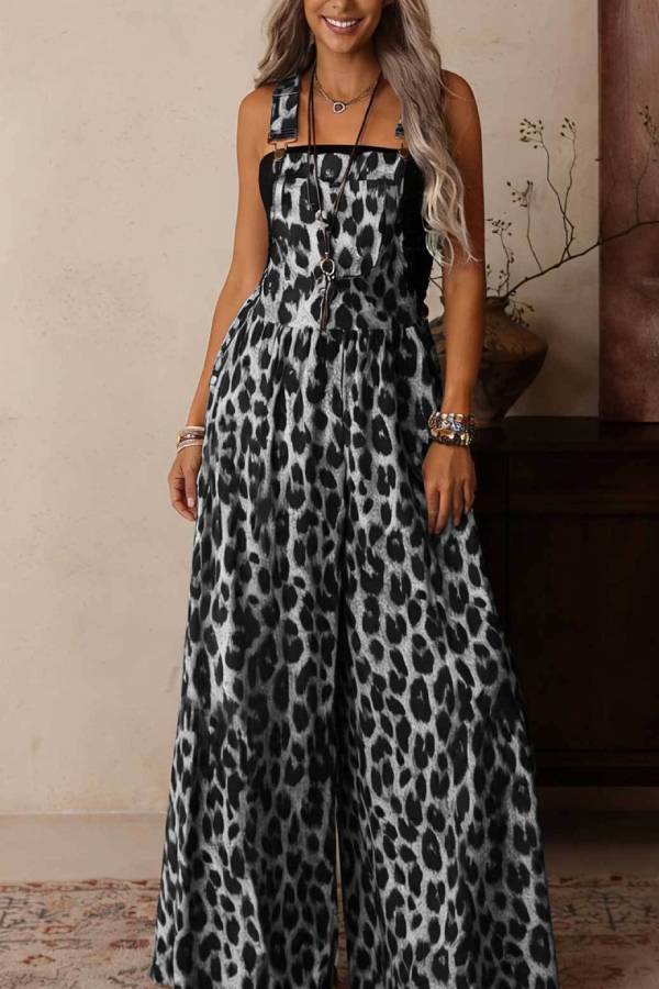 Colorful Leopard Print Adjustable Strap High Waist Wide Leg Jumpsuit