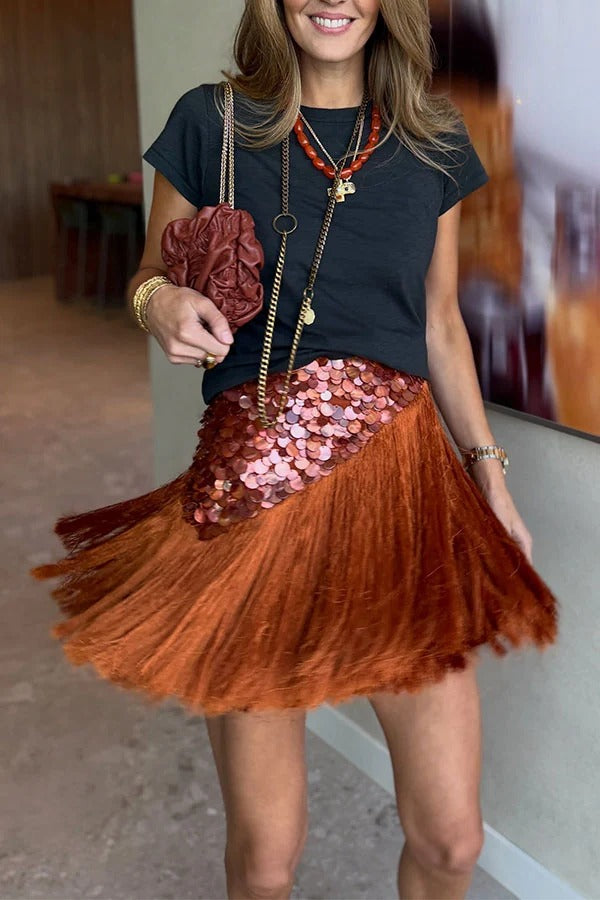 Velora Fringe Tassel Sequin High Waist Short Skirt