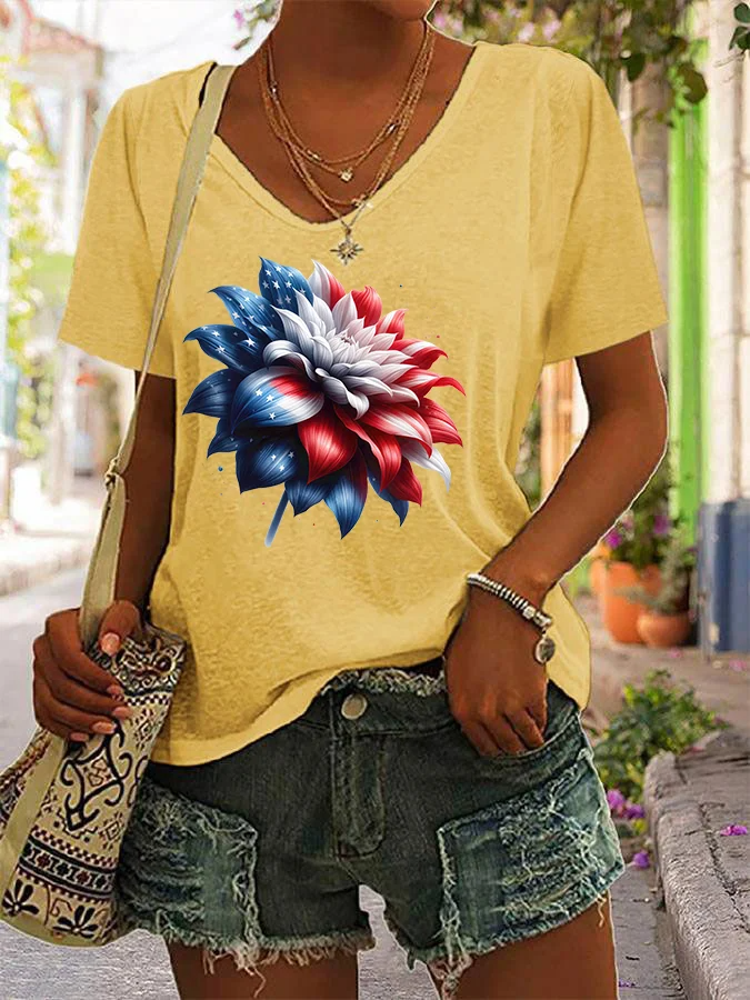 T-shirt col V à imprimé floral pour femme, fête de l'indépendance