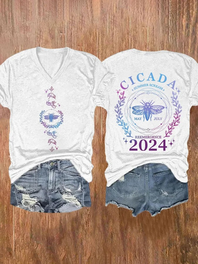 T-shirt col V imprimé Cicada Scream pour femme, été, mai, juillet, réémergence 2024