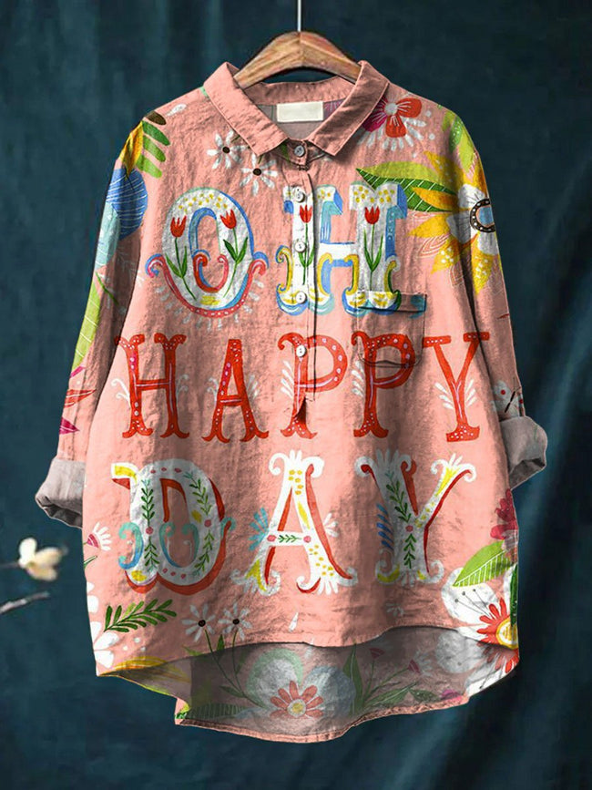 Oh Happy Day Lovely Floral Art Print Casual Cotton And Linen Shirt