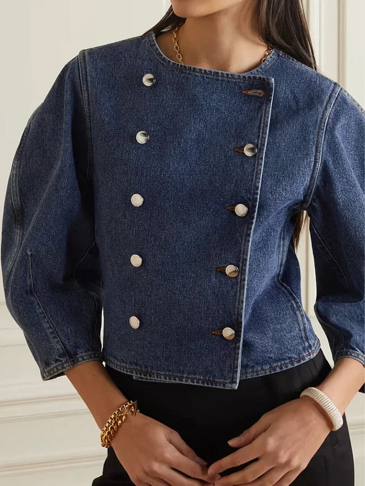 Fashion Plain Crew Neck Double Breasted 3/4 Sleeve Denim Jacket