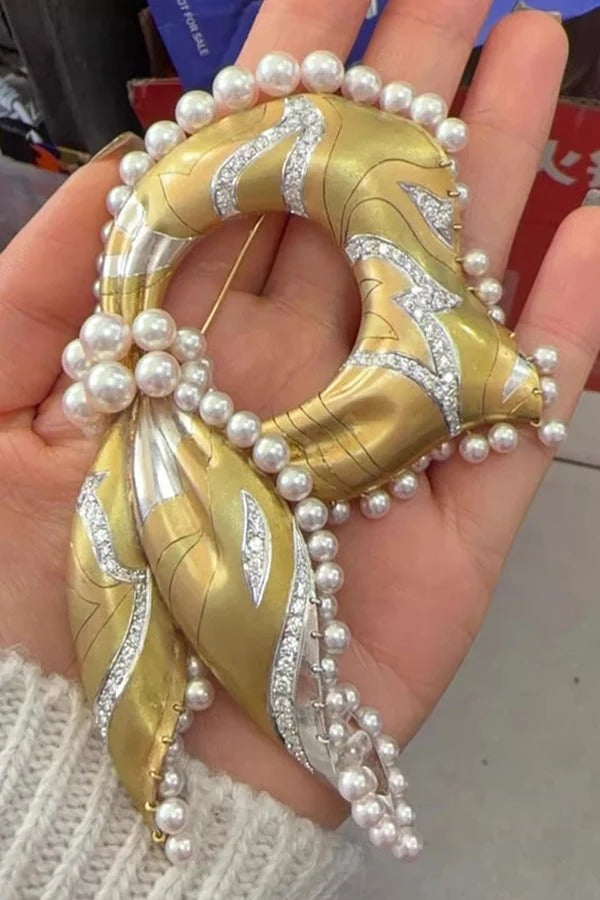 Vintage Silk Scarf and Shell Pearl Brooch