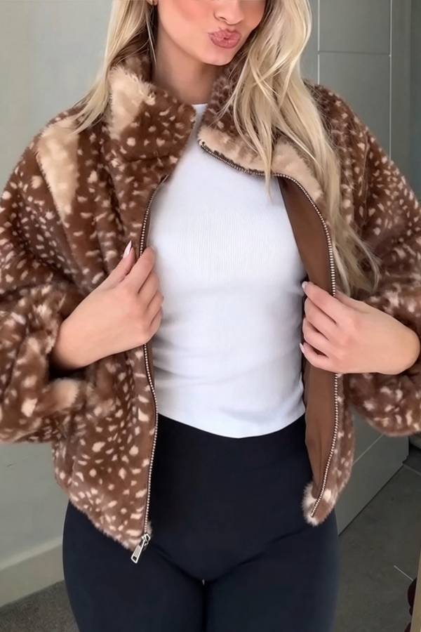 Bambi Print Faux Fur Funnel Neck Zip Long Sleeve Drawstring Hem Jacket