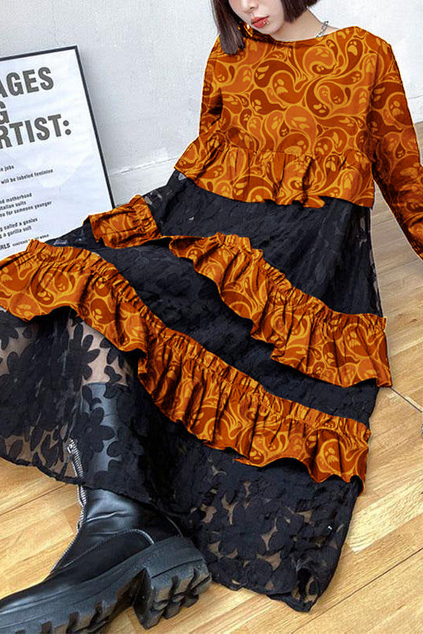 Robes d'automne bohèmes noires à volants en dentelle