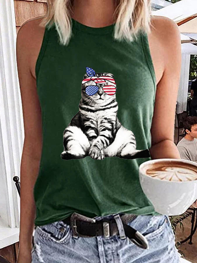 Débardeur imprimé chat pour femme, fête de l'indépendance