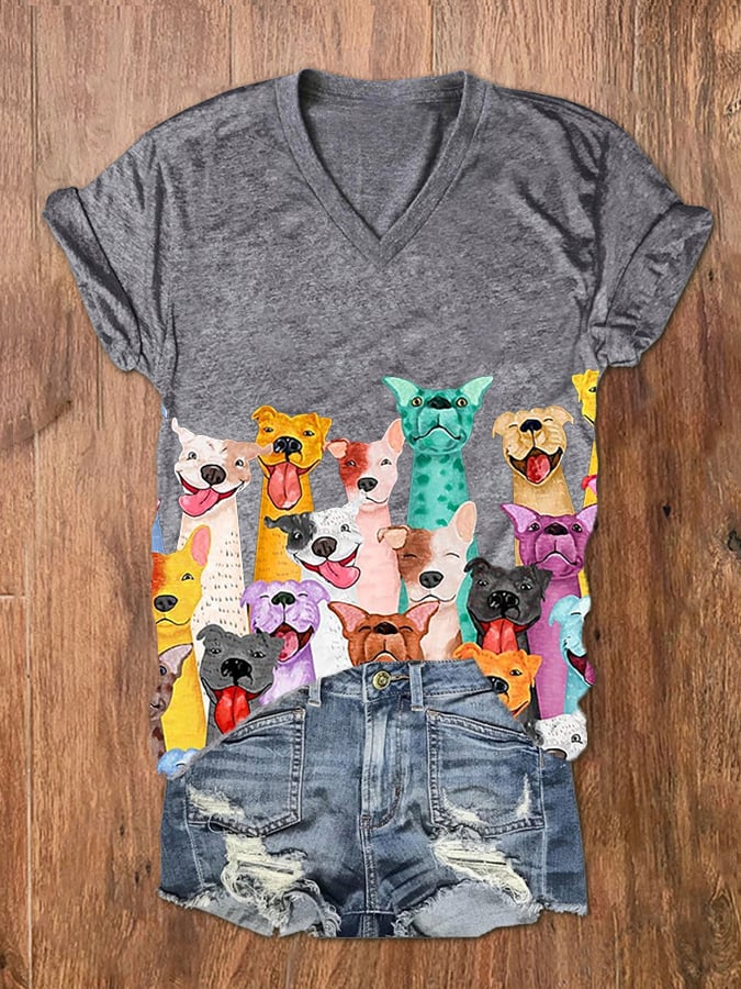 T-shirt col V imprimé chiens colorés et amusants pour femme