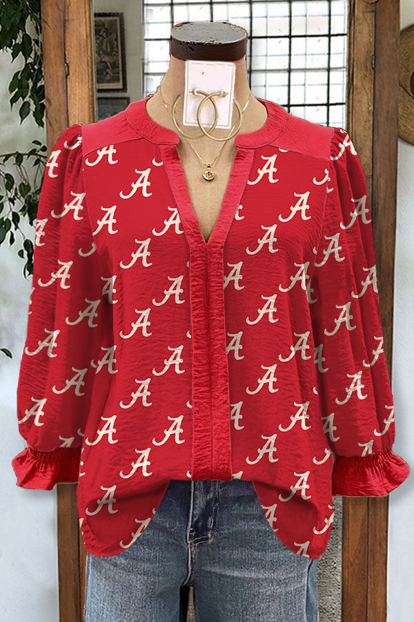 Alabama Print Contrast Paneled V-neck Top