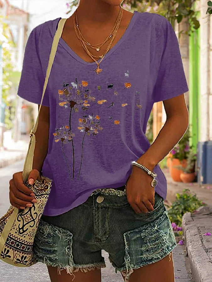 T-shirt col V imprimé chat fleur mouche pissenlit pour femme