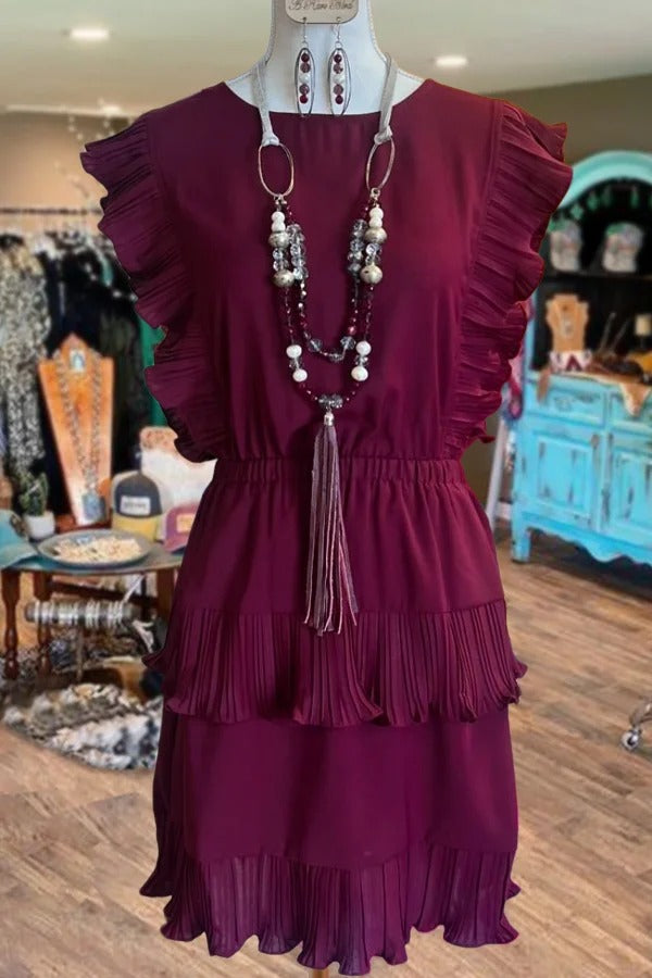 Robe plissée unie à manches volantées