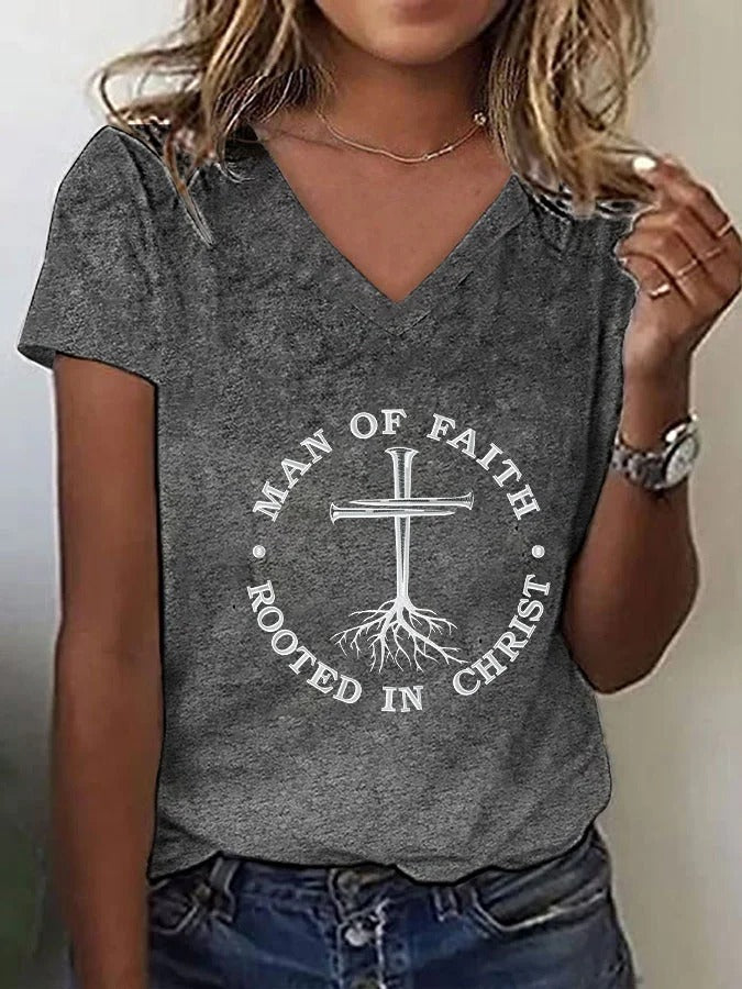Women's Man of Faith Rooted in Christ Embroidered V Neck T-Shirt