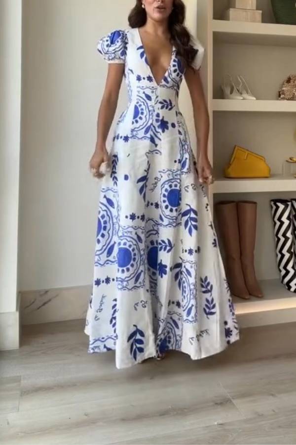 Embrace The Glamour Linen Blend Unique Print Puff Sleeve Pocketed Maxi Dress