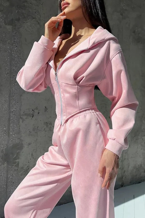 Solid Color Waist Corset Hooded Sweatshirt Jacket and Elastic Waist Athletic Jogger Pants Set