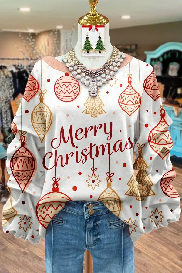 Haut à manches froncées et imprimé ornements de Noël