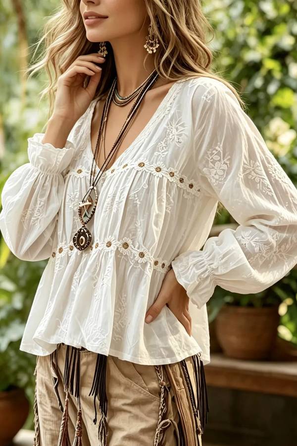 Floral V-Neck Flounce Sleeve Peplum Blouse