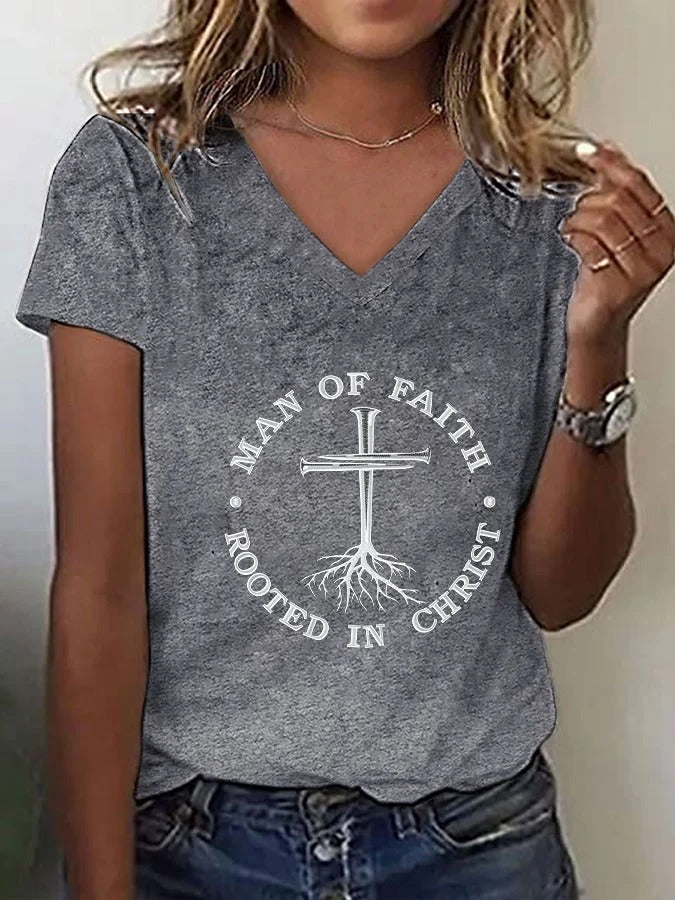 Women's Man of Faith Rooted in Christ Embroidered V Neck T-Shirt
